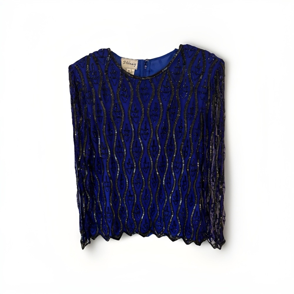 Stenay Vintage Blue Sequin Beaded Silk Dress Top Size M Gorgeous!!!